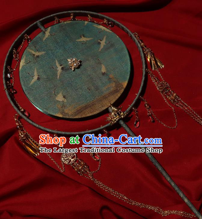 China Traditional Wedding Printing Cranes Palace Fan Ancient Princess Circular Fan Handmade Hanfu Green Silk Fan