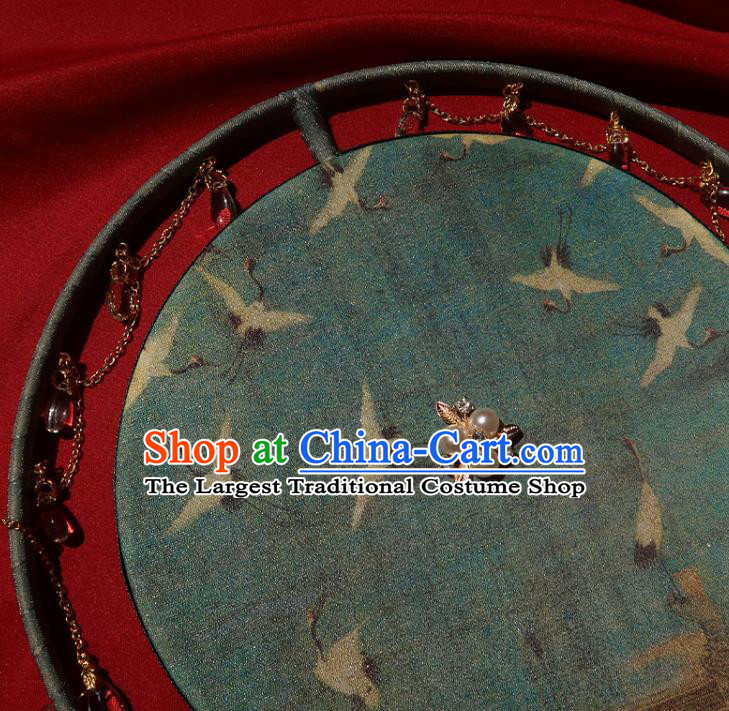 China Traditional Wedding Printing Cranes Palace Fan Ancient Princess Circular Fan Handmade Hanfu Green Silk Fan