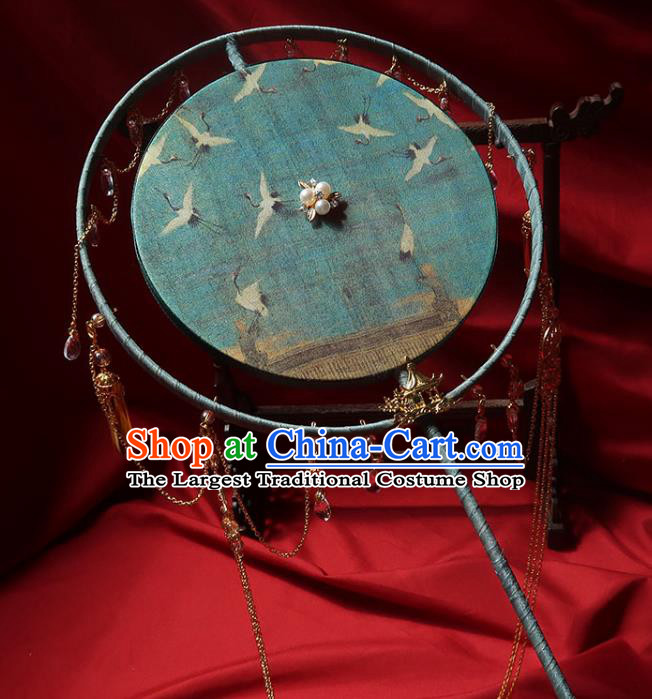 China Traditional Wedding Printing Cranes Palace Fan Ancient Princess Circular Fan Handmade Hanfu Green Silk Fan