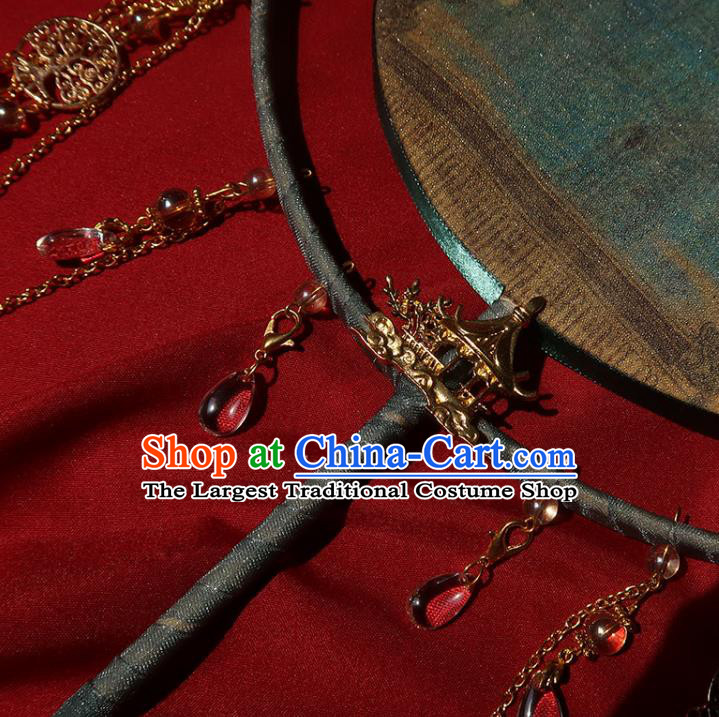 China Traditional Wedding Printing Cranes Palace Fan Ancient Princess Circular Fan Handmade Hanfu Green Silk Fan