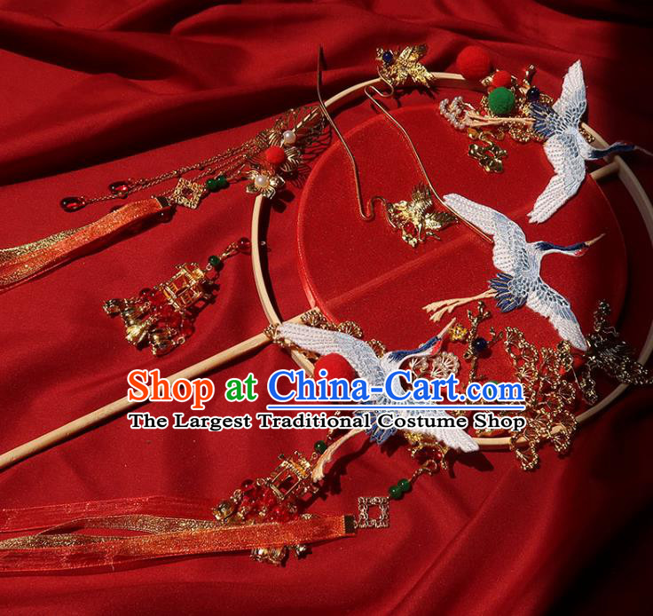 China Traditional Wedding Red Silk Palace Fan Ancient Princess Circular Fan Handmade Hanfu Embroidered Cranes Fan