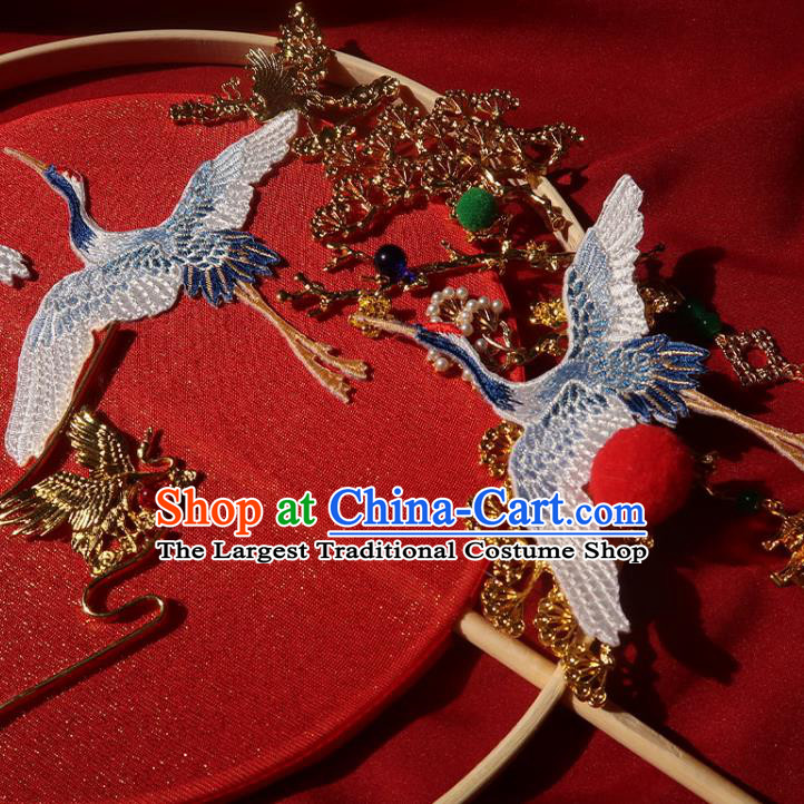 China Traditional Wedding Red Silk Palace Fan Ancient Princess Circular Fan Handmade Hanfu Embroidered Cranes Fan