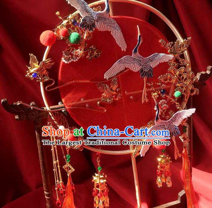 China Traditional Wedding Red Silk Palace Fan Ancient Princess Circular Fan Handmade Hanfu Embroidered Cranes Fan