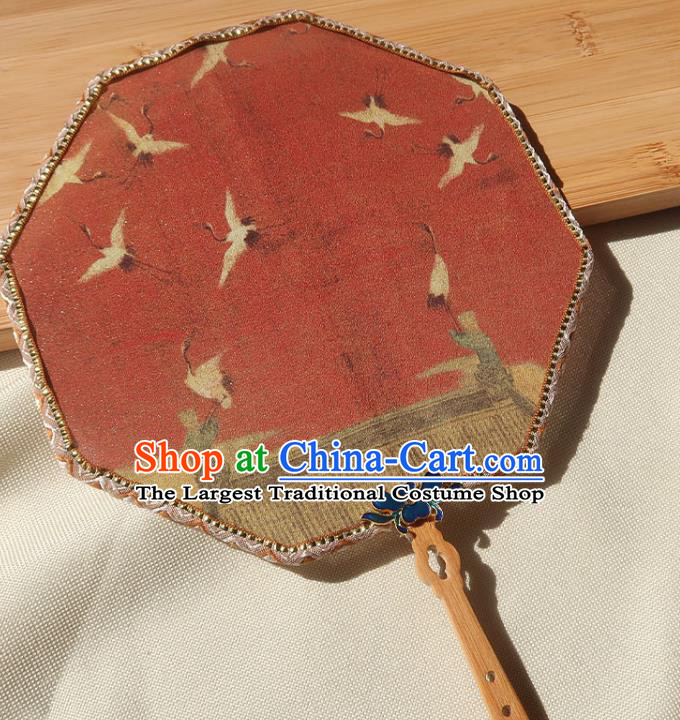 China Traditional Wedding Red Palace Fan Handmade Hanfu Silk Fan Ancient Princess Printing Cranes Fan