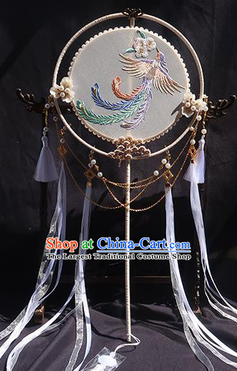 China Classical Embroidered Phoenix Circular Fan Traditional Wedding Palace Fan Handmade Hanfu White Silk Fan