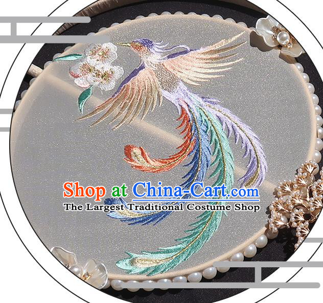 China Classical Embroidered Phoenix Circular Fan Traditional Wedding Palace Fan Handmade Hanfu White Silk Fan