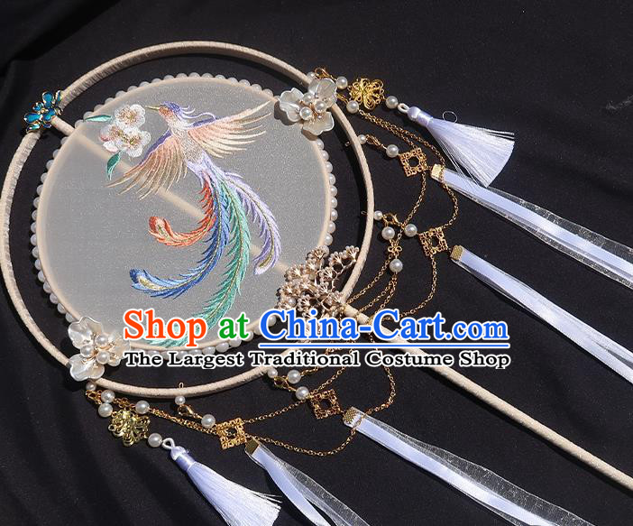 China Classical Embroidered Phoenix Circular Fan Traditional Wedding Palace Fan Handmade Hanfu White Silk Fan
