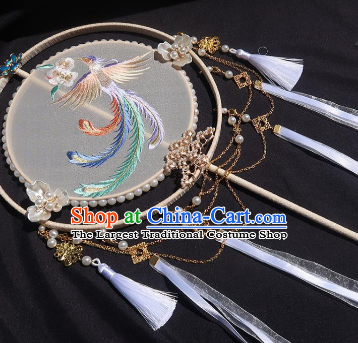 China Classical Embroidered Phoenix Circular Fan Traditional Wedding Palace Fan Handmade Hanfu White Silk Fan