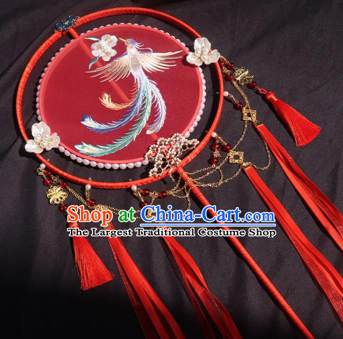 China Handmade Hanfu Red Silk Fan Classical Embroidered Phoenix Circular Fan Traditional Wedding Bride Palace Fan