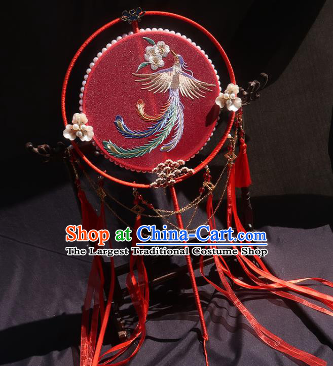 China Handmade Hanfu Red Silk Fan Classical Embroidered Phoenix Circular Fan Traditional Wedding Bride Palace Fan