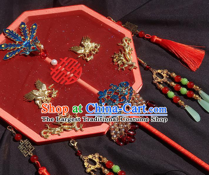 China Handmade Blueing Phoenix Palace Fan Classical Octagon Fan Traditional Wedding Red Silk Hanfu Fan