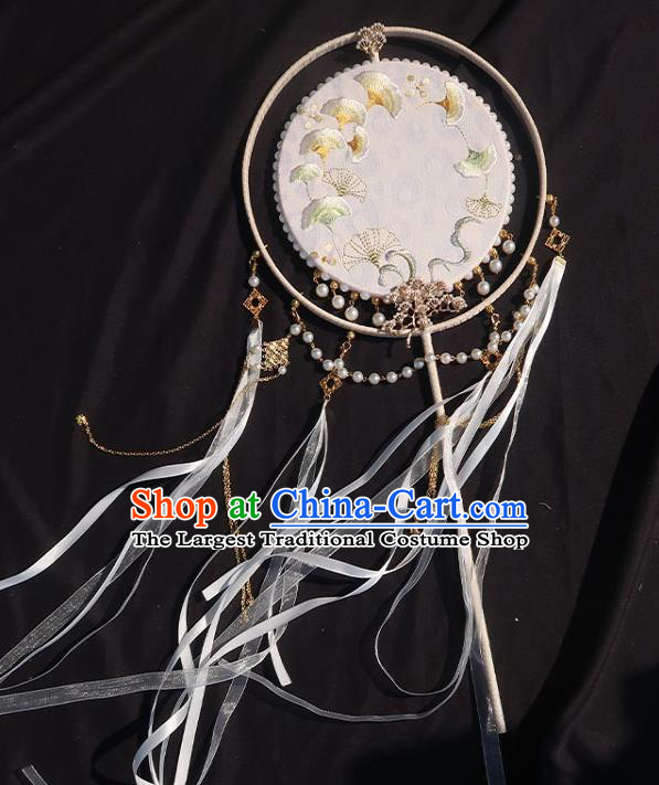 China Traditional Wedding Ribbon Tassel Fan Classical Hanfu White Silk Fan Handmade Embroidered Ginkgo Palace Fan