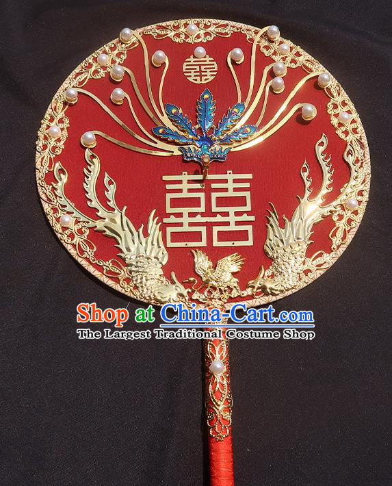 China Traditional Wedding Circular Fan Classical Hanfu Red Silk Fan Handmade Blueing Phoenix Palace Fan