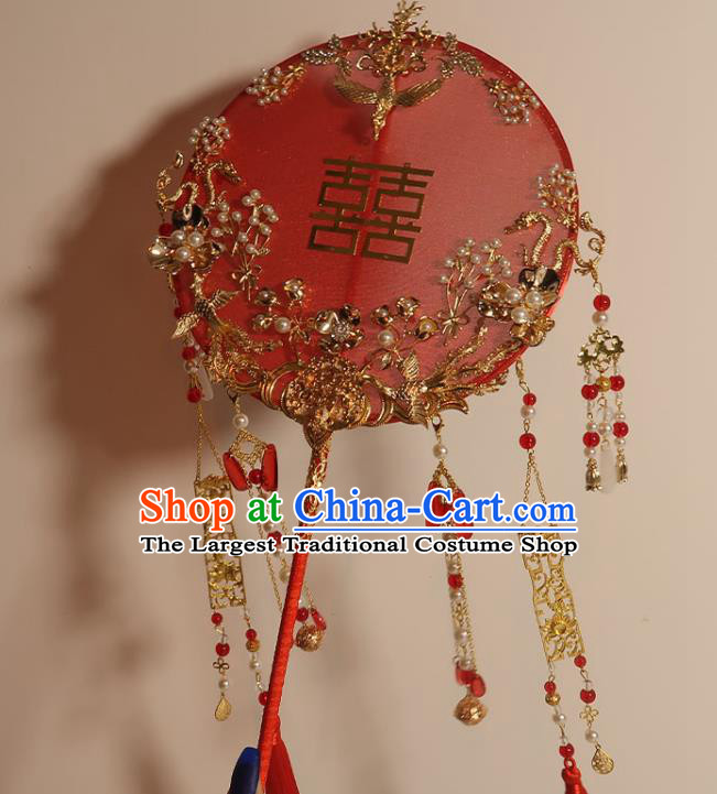 China Handmade Bride Palace Fan Classical Dance Circular Fan Traditional Wedding Red Silk Fan