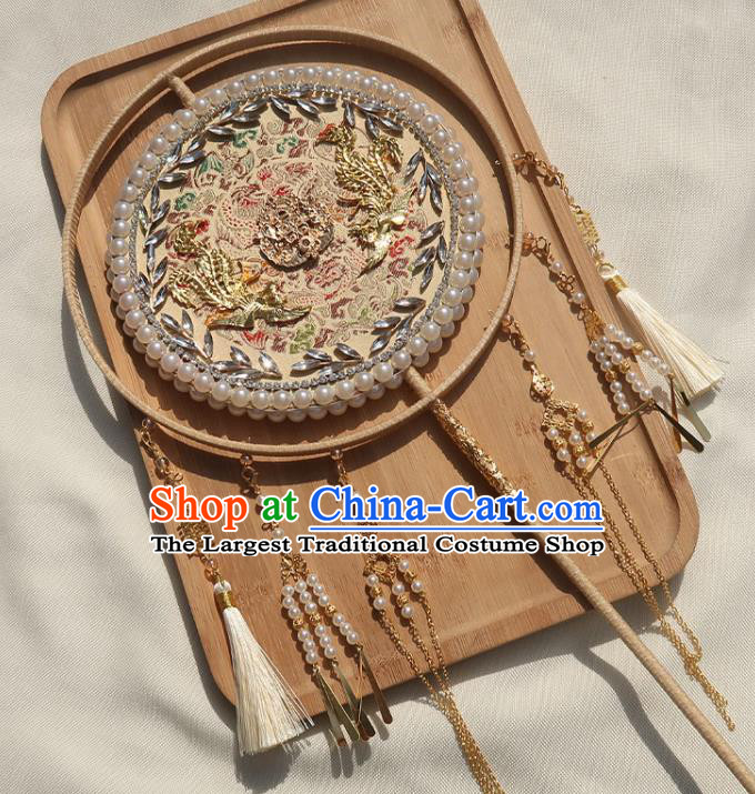 China Handmade Bride Embroidered Palace Fan Traditional Wedding Beige Circular Fan Classical Dance Pearls Fan