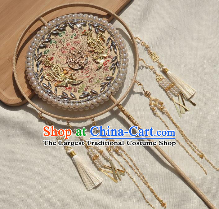 China Handmade Bride Embroidered Palace Fan Traditional Wedding Beige Circular Fan Classical Dance Pearls Fan