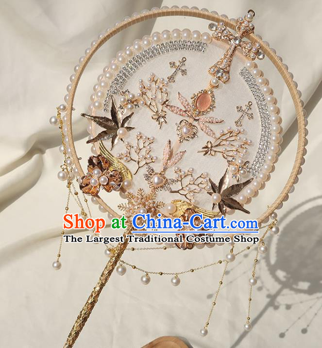 China Traditional Wedding Circular Fan Classical Dance Pearls Fan Handmade Bride White Silk Palace Fan