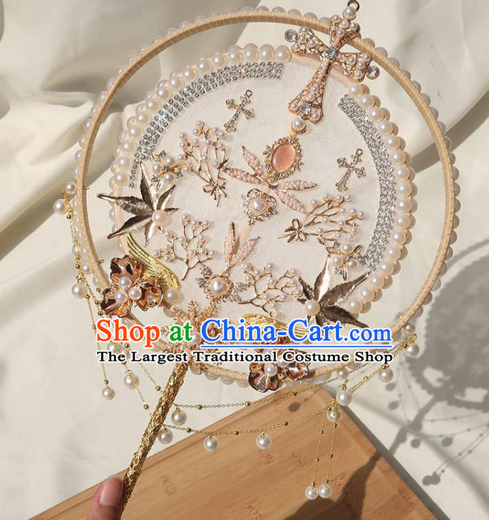 China Traditional Wedding Circular Fan Classical Dance Pearls Fan Handmade Bride White Silk Palace Fan