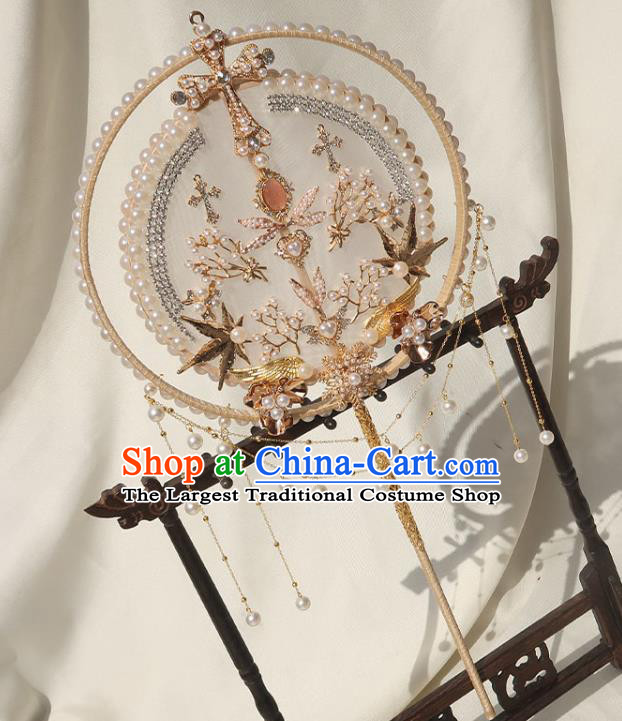 China Traditional Wedding Circular Fan Classical Dance Pearls Fan Handmade Bride White Silk Palace Fan