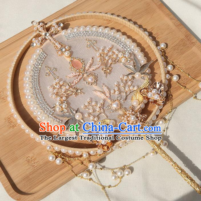 China Traditional Wedding Circular Fan Classical Dance Pearls Fan Handmade Bride White Silk Palace Fan