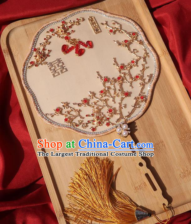 China Traditional Wedding Red Beads Plum Blossom Circular Fan Classical Dance Silk Fan Handmade Bride Palace Fan