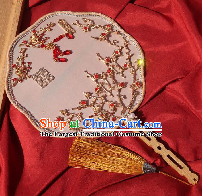 China Traditional Wedding Red Beads Plum Blossom Circular Fan Classical Dance Silk Fan Handmade Bride Palace Fan