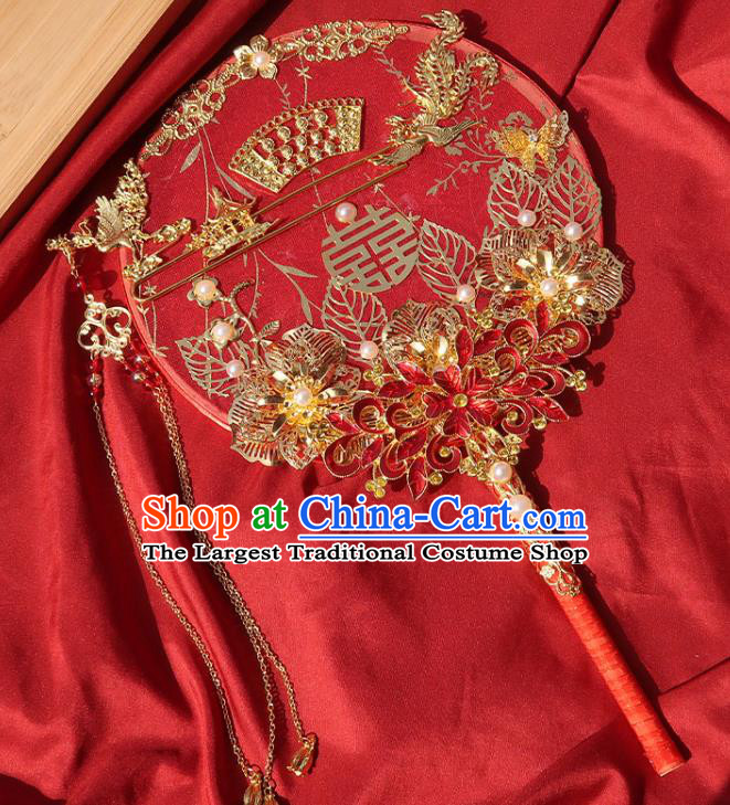 China Classical Dance Red Silk Fan Handmade Bride Palace Fan Traditional Wedding Golden Phoenix Peony Circular Fan