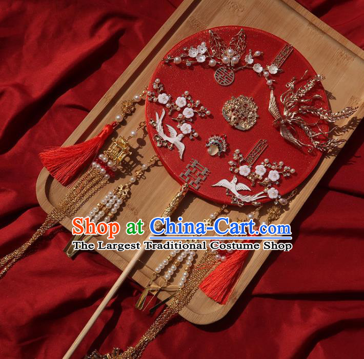 China Classical Dance Fan Traditional Wedding Red Circular Fan Handmade Bride Plum Blossom Palace Fan