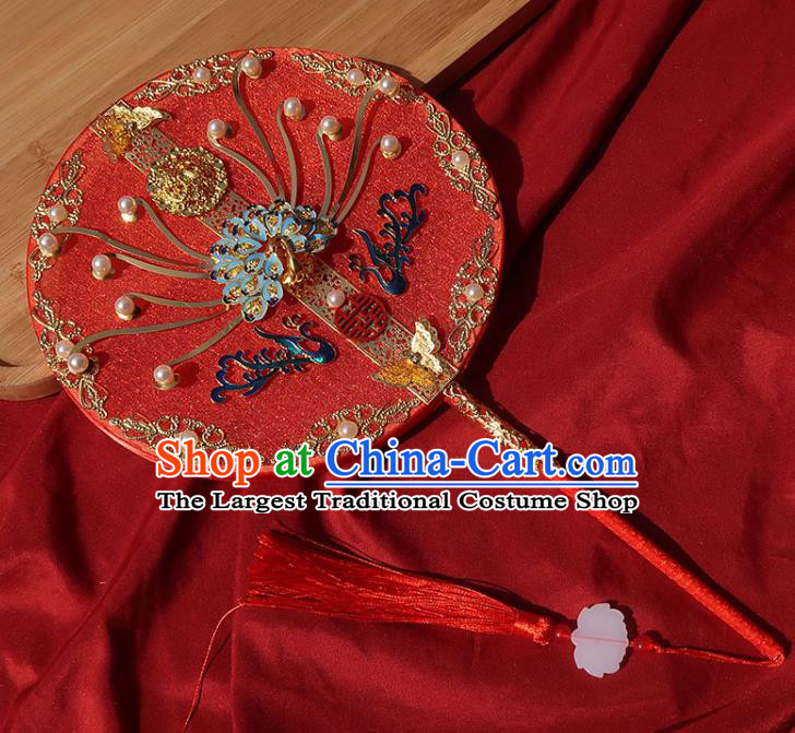 China Handmade Bride Palace Fan Classical Dance Cloisonne Peacock Fan Traditional Wedding Circular Fan