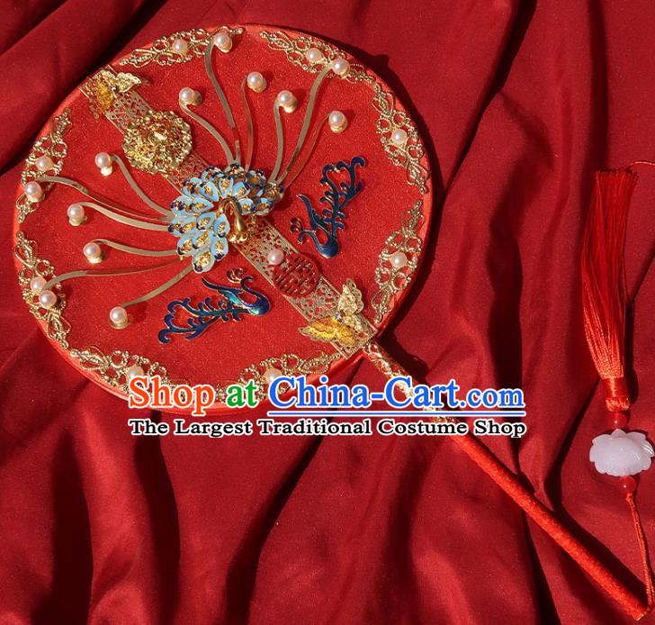 China Handmade Bride Palace Fan Classical Dance Cloisonne Peacock Fan Traditional Wedding Circular Fan