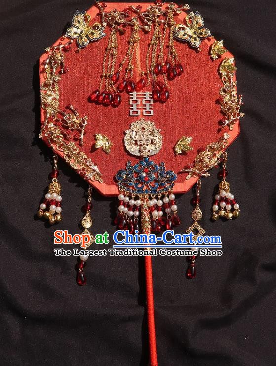 China Traditional Wedding Octagon Fan Classical Dance Silk Fan Handmade Bride Red Palace Fan