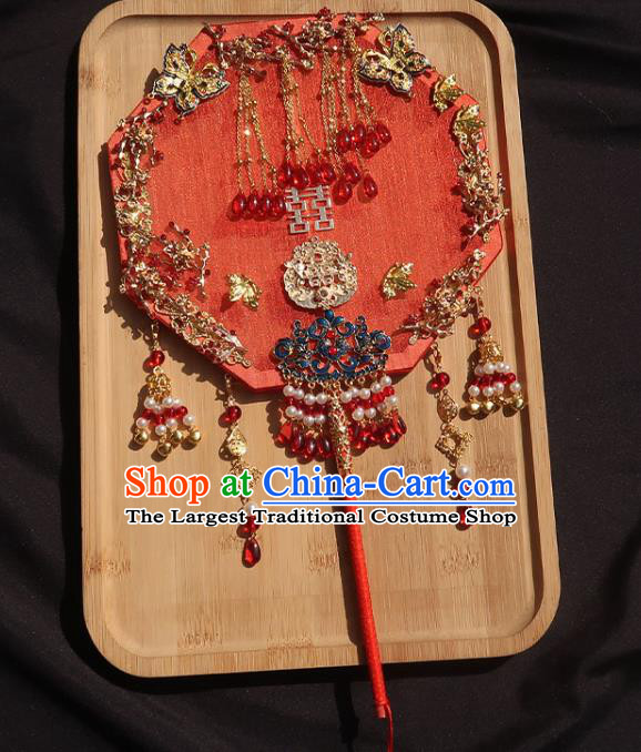 China Traditional Wedding Octagon Fan Classical Dance Silk Fan Handmade Bride Red Palace Fan