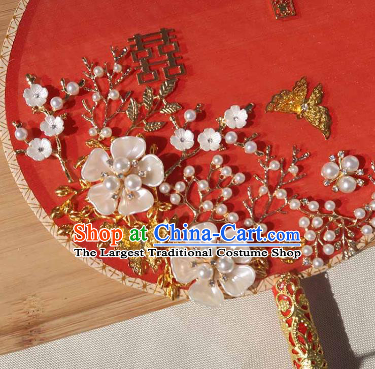 China Traditional Wedding Plum Butterfly Circular Fan Handmade Bride Palace Fan Classical Dance Shell Flowers Fan