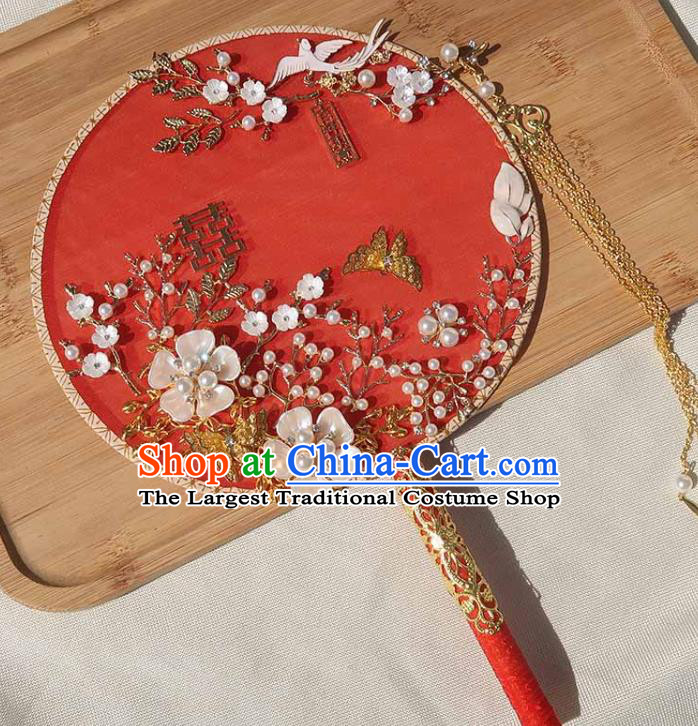 China Traditional Wedding Plum Butterfly Circular Fan Handmade Bride Palace Fan Classical Dance Shell Flowers Fan