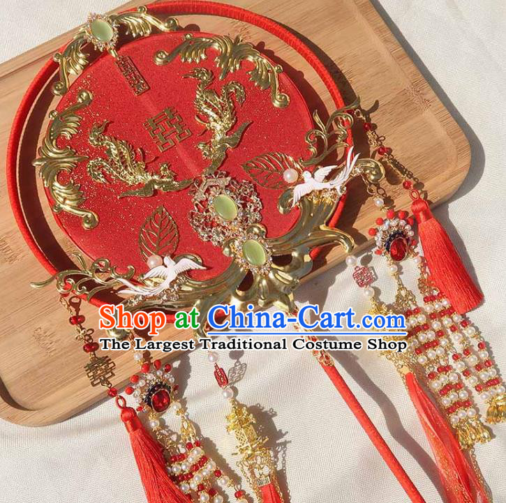 China Traditional Wedding Beads Tassel Circular Fan Handmade Bride Palace Fan Classical Dance Hanfu Fan