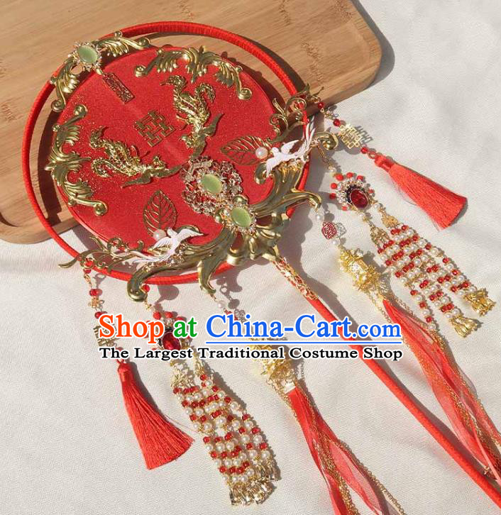China Traditional Wedding Beads Tassel Circular Fan Handmade Bride Palace Fan Classical Dance Hanfu Fan