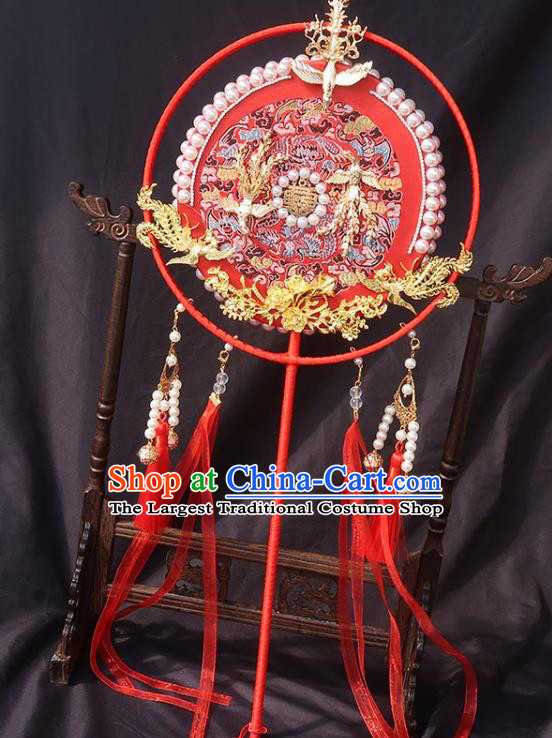 China Bride Golden Phoenix Palace Fan Traditional Wedding Red Silk Circular Fan Handmade Hanfu Embroidered Fan
