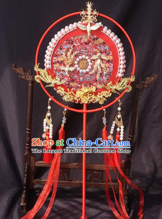 China Bride Golden Phoenix Palace Fan Traditional Wedding Red Silk Circular Fan Handmade Hanfu Embroidered Fan