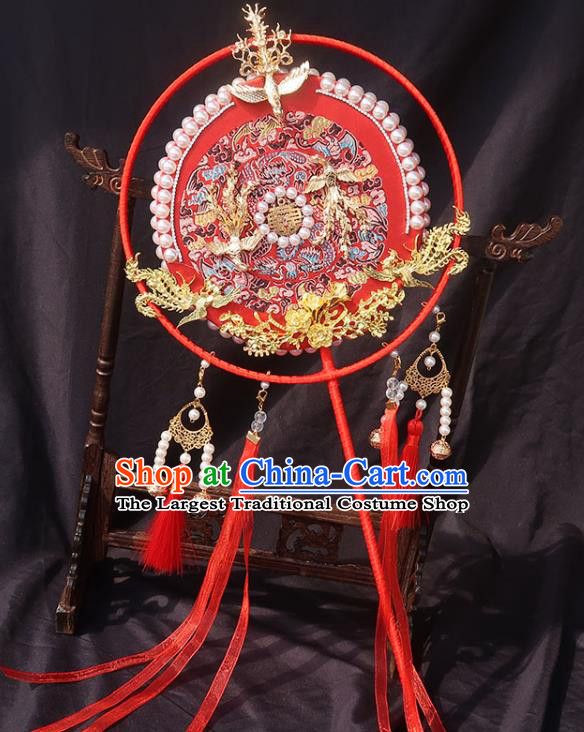 China Bride Golden Phoenix Palace Fan Traditional Wedding Red Silk Circular Fan Handmade Hanfu Embroidered Fan