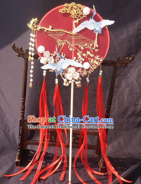 China Bride Red Ribbon Palace Fan Traditional Wedding Circular Fan Handmade Hanfu Bride Fan