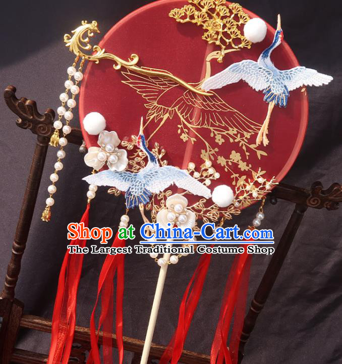 China Bride Red Ribbon Palace Fan Traditional Wedding Circular Fan Handmade Hanfu Bride Fan