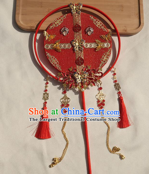 China Classical Dance Cloisonne Butterfly Fan Handmade Bride Red Palace Fan Traditional Wedding Tassel Circular Fan