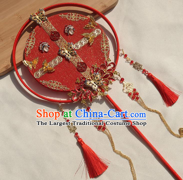 China Classical Dance Cloisonne Butterfly Fan Handmade Bride Red Palace Fan Traditional Wedding Tassel Circular Fan