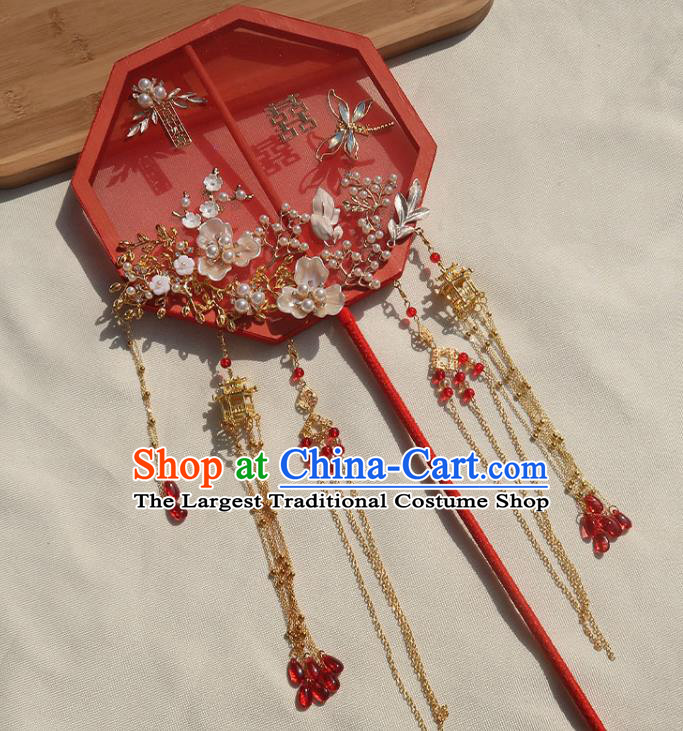 China Classical Dance Opal Dragonfly Fan Handmade Bride Palace Fan Traditional Wedding Red Silk Octagon Fan