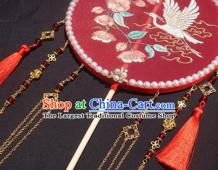 China Traditional Hanfu Embroidered Circular Fan Classical Wedding Fan Handmade Golden Tassel Palace Fan