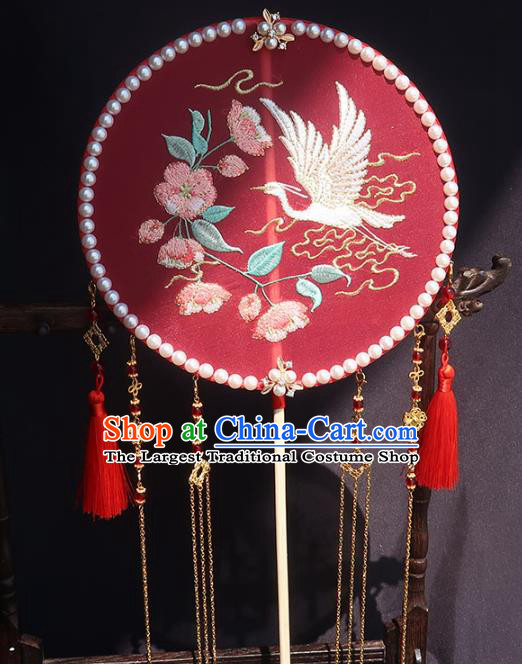 China Traditional Hanfu Embroidered Circular Fan Classical Wedding Fan Handmade Golden Tassel Palace Fan