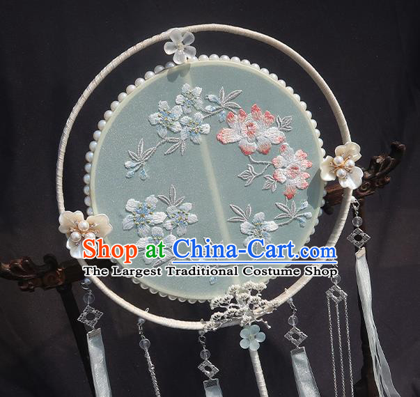 China Classical Wedding Fan Handmade Ribbon Tassel Palace Fan Traditional Hanfu Embroidered Circular Fan