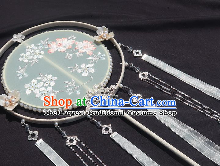 China Classical Wedding Fan Handmade Ribbon Tassel Palace Fan Traditional Hanfu Embroidered Circular Fan