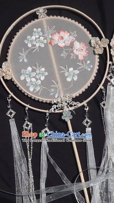 China Handmade Ribbon Tassel Palace Fan Traditional Hanfu Embroidered Circular Fan Classical Wedding Fan