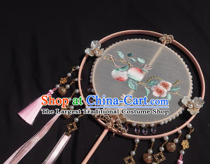 China Traditional Hanfu Embroidered Peach Blossom Circular Fan Classical Wedding Fan Handmade Pink Tassel Palace Fan